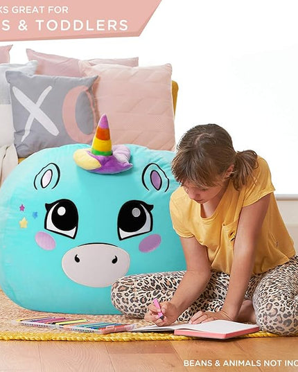 Aubliss Stuffed Animal Storage, Velvet Bean Bag Chairs Cover, Large 32" Ultra Soft Kids Toy Storage Organizer for Blankets Towels Clothes, Cyan Big Eyes - LeafyLoom