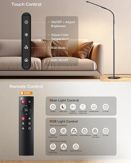 LED Floor Lamp,15W Dimmable Bright Reading & RGB Atmosphere Light,4 Color Temperatures,Remote and Touch Control,Music Sync,Adjustable Gooseneck Standing Task Lamp for Living Room Bedroom - LeafyLoom