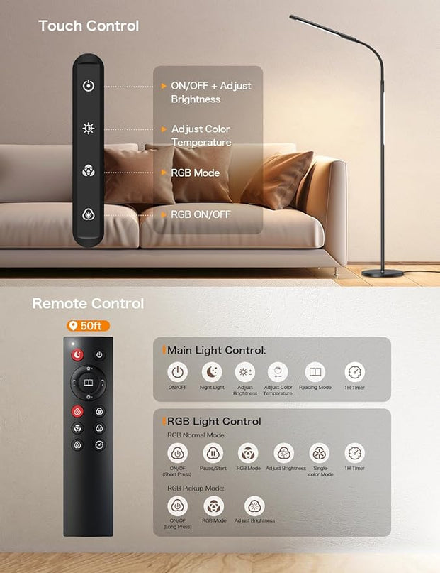 LED Floor Lamp,15W Dimmable Bright Reading & RGB Atmosphere Light,4 Color Temperatures,Remote and Touch Control,Music Sync,Adjustable Gooseneck Standing Task Lamp for Living Room Bedroom - LeafyLoom