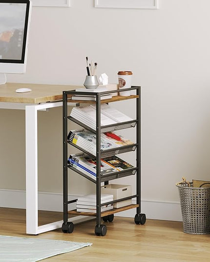 5 Tier Bookshelf, Metal Small Industrial Bookcase, Mobile Book Shelf Paper Cart with Wheels, Book Case Display Storage Shelf Organizer for Living Room, Home Office, Rustic Brown SJ01BR - LeafyLoom