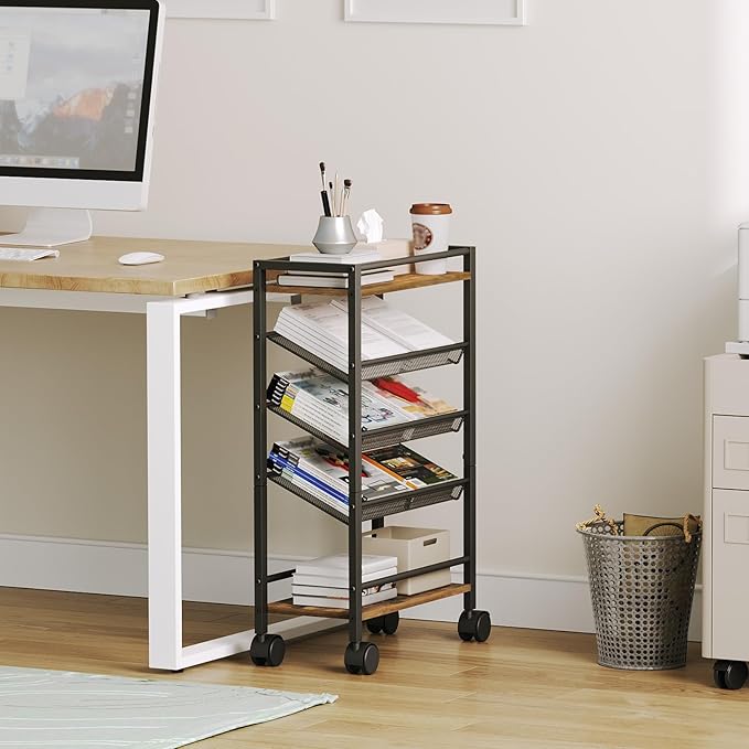 5 Tier Bookshelf, Metal Small Industrial Bookcase, Mobile Book Shelf Paper Cart with Wheels, Book Case Display Storage Shelf Organizer for Living Room, Home Office, Rustic Brown SJ01BR - LeafyLoom