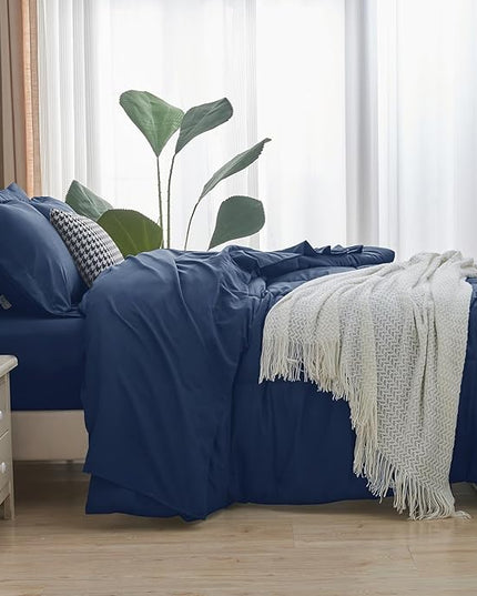 CozyLux Queen Comforter Set - 7 Pieces Bed in a Bag Set Navy Blue Queen, Complete Bedding Sets Bed Set for All Season with Comforter, Flat Sheets, Fitted Sheet, Pillowcases & Shams - LeafyLoom