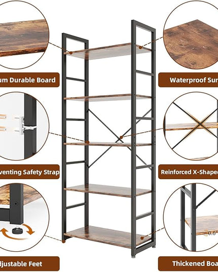 COTUBLR 5 Tier Bookshelf 24 Inch Bookcase Book Shelf Organizer Modern Tall Bookshelf Book Case Ladder Bookshelves Book Storage for Bedroom, Living Room, Home Office, Kitchen (Vintage) - LeafyLoom