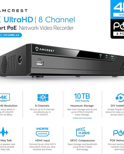 Amcrest NV4108E-A2 4K 8CH POE NVR (1080p/3MP/4MP/5MP/8MP) POE Network Video Recorder - Supports up to 8 x 8MP/4K IP Cameras, 8-Channel Power Over Ethernet Supports up to 10TB HDD (Not Included) Amcrest