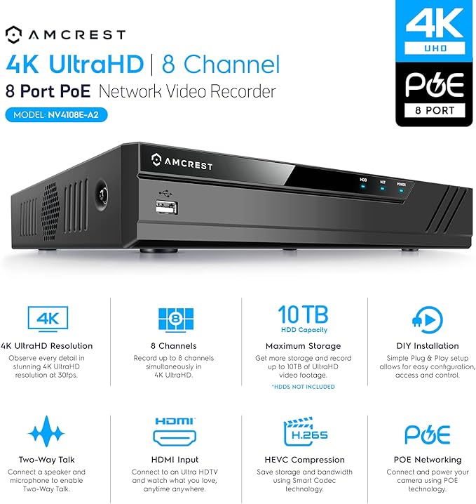 Amcrest NV4108E-A2 4K 8CH POE NVR (1080p/3MP/4MP/5MP/8MP) POE Network Video Recorder - Supports up to 8 x 8MP/4K IP Cameras, 8-Channel Power Over Ethernet Supports up to 10TB HDD (Not Included) Amcrest