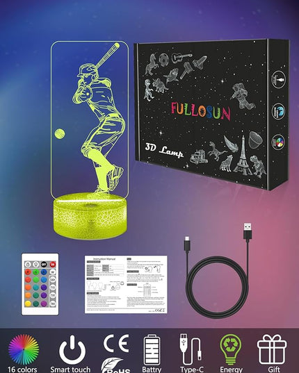 FULLOSUN Baseball Gift, Kids Baseball Night Light (with Remote Control), 3D Illumination Lights Boys Gift 16 Colors Changeable Kids Room Lighting Creative Decoration... (Baseball) - LeafyLoom