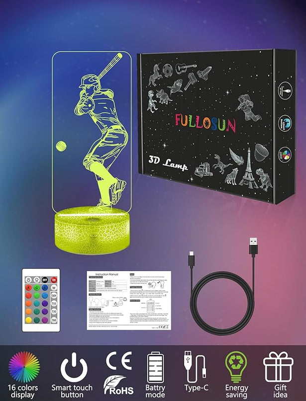 FULLOSUN Baseball Gift, Kids Baseball Night Light (with Remote Control), 3D Illumination Lights Boys Gift 16 Colors Changeable Kids Room Lighting Creative Decoration... (Baseball) - LeafyLoom