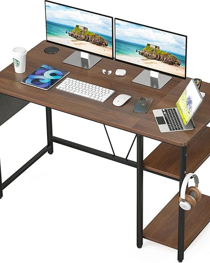 Computer Desk, 47.2” Home Office Desks, Modern Small Desk for Bedroom, Gaming Desk with Iron Hook and Height Adjustable Feet, Sturdy Student Writing Desk with Storage Bag, Storage Shelves - LeafyLoom