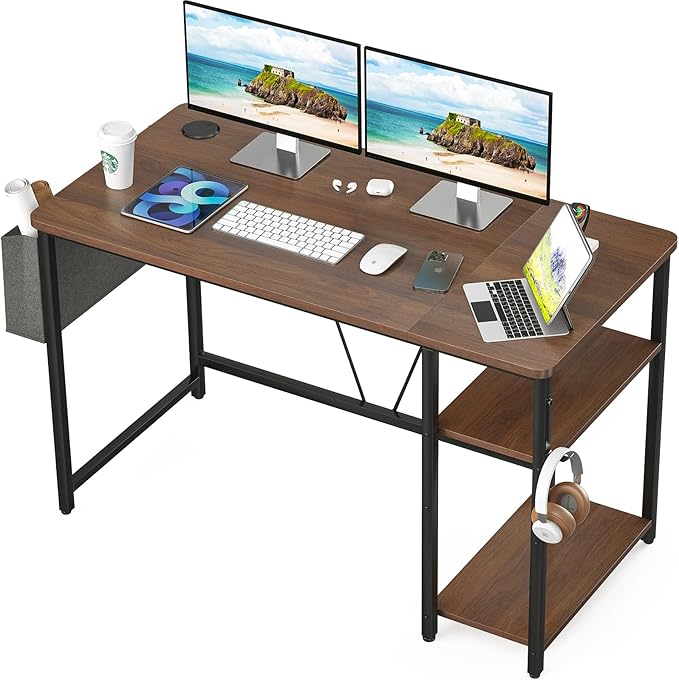 Computer Desk, 47.2” Home Office Desks, Modern Small Desk for Bedroom, Gaming Desk with Iron Hook and Height Adjustable Feet, Sturdy Student Writing Desk with Storage Bag, Storage Shelves - LeafyLoom