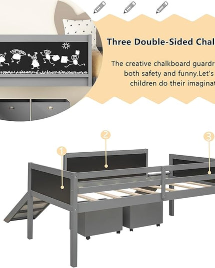 Twin Size Low Loft Bed with Slide and 2 Storage Boxes,Kids Low Loft Bed Frame with Climbing and Chalkboard,Solid Loft Bed Twin for Boys,Girls,Gray - LeafyLoom