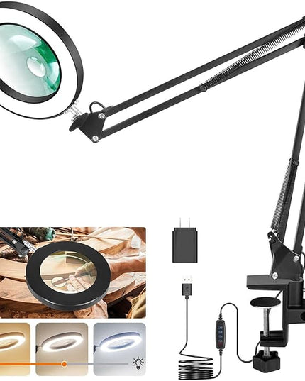 Magnifying Glass with Light Toolour 5X&10X Magnifying Glass Light with 26in Long Arm, 3 Colors Dimming Magnifying Desk Lamp, Lighted Magnifier Glass for Jewelry Close Work Reading Hobby Craft - LeafyLoom