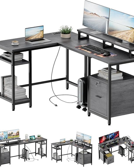 67" L Shaped Computer Desk with Drawers, Reversible Home Office Desk with Power Outlet, Adjustable Shelf and Mobile CPU Stand, Work Desk for 3 Installation Types, Corner Office Desk, Rustic Gray - LeafyLoom