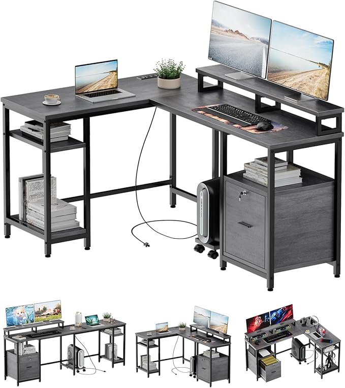 67" L Shaped Computer Desk with Drawers, Reversible Home Office Desk with Power Outlet, Adjustable Shelf and Mobile CPU Stand, Work Desk for 3 Installation Types, Corner Office Desk, Rustic Gray - LeafyLoom