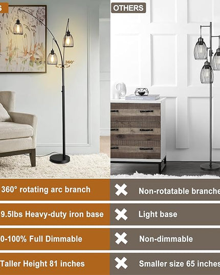 Arc Floor Lamps for Living Room,81" 3 Lights Dimmable Industry Tall Floor Lamp for Bedroom Office Dorm Room Corner Standing Lamp includes 3 Bulbs - LeafyLoom