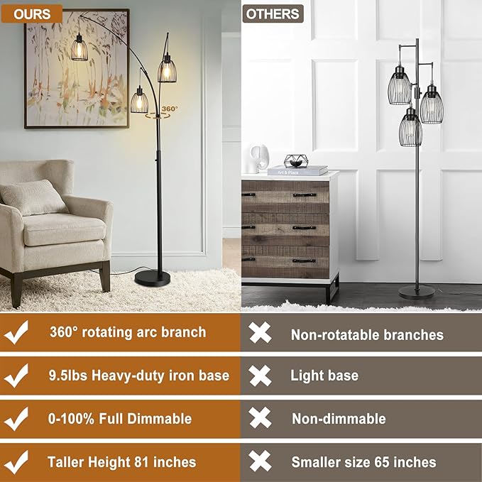 Arc Floor Lamps for Living Room,81" 3 Lights Dimmable Industry Tall Floor Lamp for Bedroom Office Dorm Room Corner Standing Lamp includes 3 Bulbs - LeafyLoom