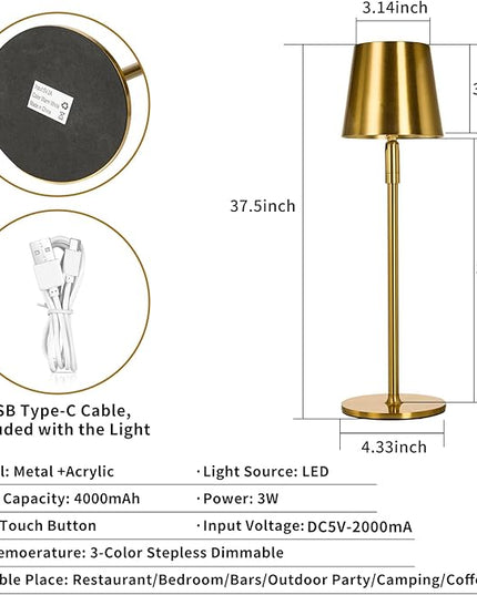 Cordless Table Lamp,Portable LED Desk Lamp, Battery Operated, 3 Color Stepless Dimming Up, for Restaurant/Bedroom/Bars/Outdoor Party/Camping/Coffee Shop Night Light。 (Gold) - LeafyLoom