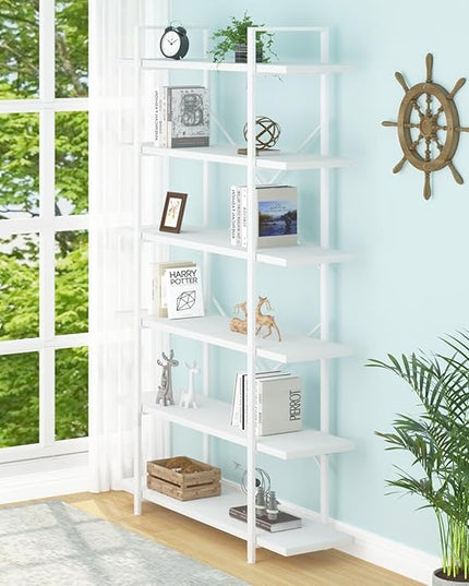 HSH 6 Tier Tall White Bookshelf, Industrial Modern Vertical Metal and Wood White Bookcases 6 Shelf,Farmhouse Open Large Storage Book Shelves & Display Book Shelf for Bedroom Living Room Office - LeafyLoom