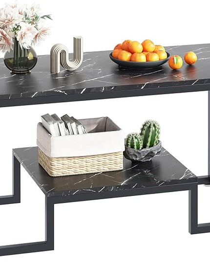 Coffee Table Black Table for Living Room,2 Tiers Rectangle Center Table with Sturdy Metal Frame,Modern Black Faux Marble Coffee Table for Bedroom Home Office - LeafyLoom