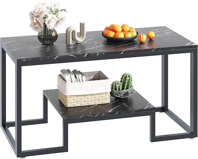 Coffee Table Black Table for Living Room,2 Tiers Rectangle Center Table with Sturdy Metal Frame,Modern Black Faux Marble Coffee Table for Bedroom Home Office - LeafyLoom