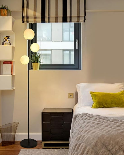3 Globe Floor Lamps for Living Room, Black Standing Lamp with LED G9 Bulbs, Modern Floor Lamp with 3D Moon Printing Frosted Shades, 67" Corner Tall Lamp for Bedroom, Stand Up Lamp for Office Kids Room - LeafyLoom
