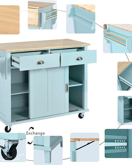 Cart with Rubber Wood Drop-Leaf Countertop and Sliding Barn Door, Rolling Mobile Island on Wheels w/Storage and Towel Rack for Dining Room Kitchen, Mint Green, 52.2 Inch - LeafyLoom