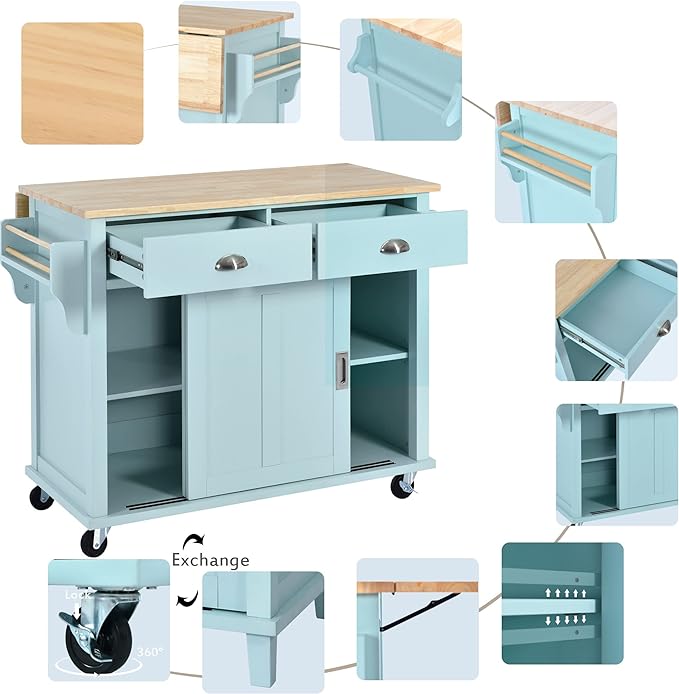 Cart with Rubber Wood Drop-Leaf Countertop and Sliding Barn Door, Rolling Mobile Island on Wheels w/Storage and Towel Rack for Dining Room Kitchen, Mint Green, 52.2 Inch - LeafyLoom