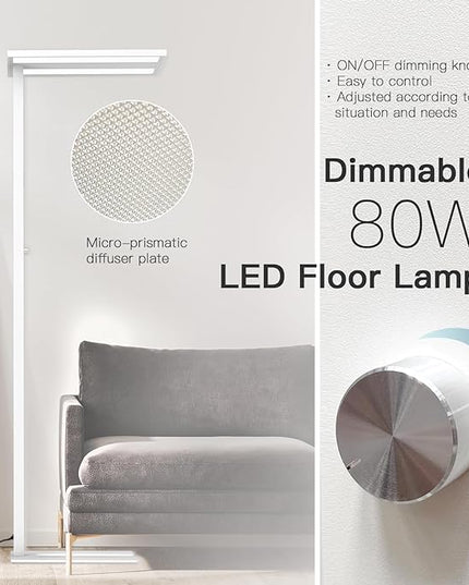 STERREN 76" Led Floor Lamp,80W White Modern Free-Standing Lamp,10000LM Dimmable Eye-Care Tall Reading Lamp for Reading Study Room,Office,Meeting Room,4000K Natural Daylight - LeafyLoom