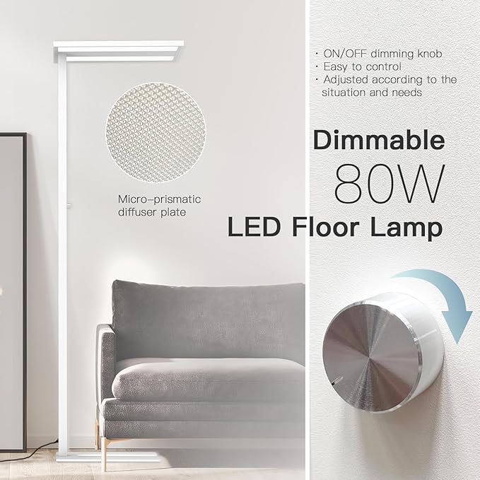 STERREN 76" Led Floor Lamp,80W White Modern Free-Standing Lamp,10000LM Dimmable Eye-Care Tall Reading Lamp for Reading Study Room,Office,Meeting Room,4000K Natural Daylight - LeafyLoom