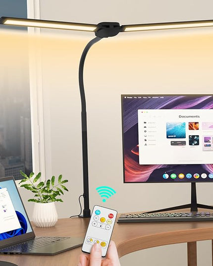 LED Desk Lamp for Home Office, Double Head Computer Desk Lights with Clamp & Wireless Remote, 12 Lighting Modes, Flexible Gooseneck Adjustable Smart Table Reading Study - LeafyLoom