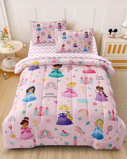 Kids Magical Princess Comforter Set Bed in a Bag Twin Size- 5 Piece Soft Cute Castle Bedding Set for Girls (1 Comforter, 1 Flat Sheet, 1 Fitted Sheet, 2 Pillowcases), Pink - LeafyLoom