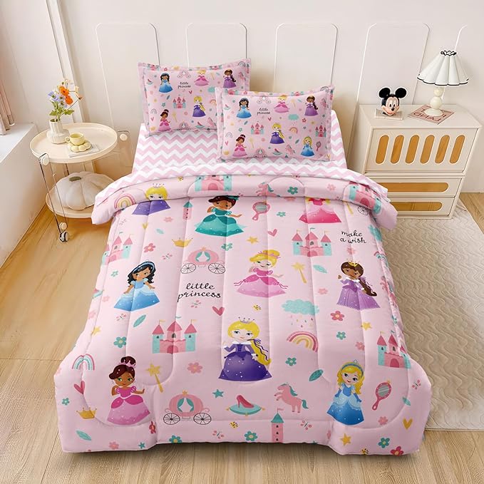 Kids Magical Princess Comforter Set Bed in a Bag Twin Size- 5 Piece Soft Cute Castle Bedding Set for Girls (1 Comforter, 1 Flat Sheet, 1 Fitted Sheet, 2 Pillowcases), Pink - LeafyLoom