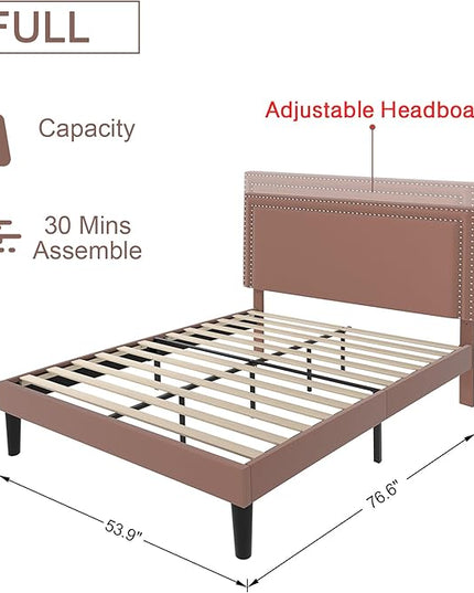 VECELO Full Size Platform Bed Frame with Adjustable Upholstered Headboard, Modern Mattress Foundation,Strong Wood Slat Support, No Box Spring Needed, Easy Assembly - LeafyLoom