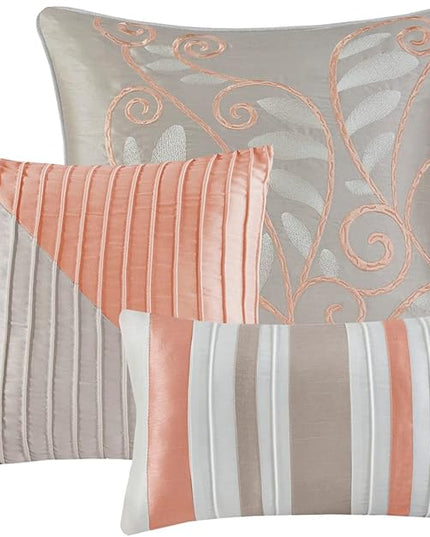 Madison Park Amherst Faux Silk Comforter Set - Casual Contemporary Design, All Season Down Alternative Bedding, Matching Shams, Bedskirt, Decorative Pillows, Cal King(104"x92"), Coral 7 Piece - LeafyLoom