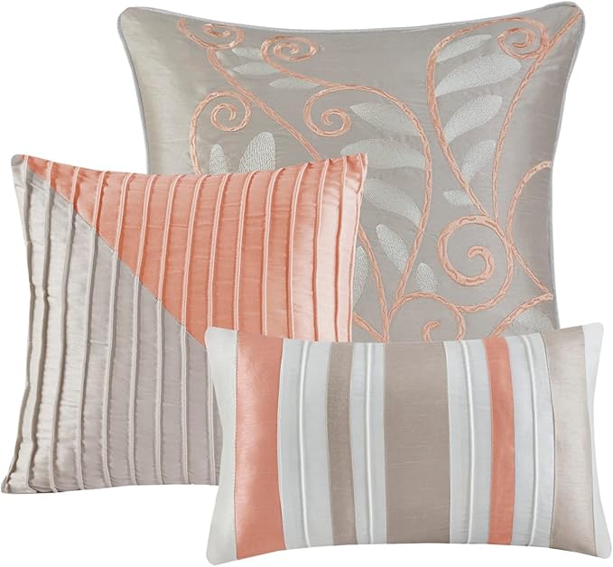 Madison Park Amherst Faux Silk Comforter Set - Casual Contemporary Design, All Season Down Alternative Bedding, Matching Shams, Bedskirt, Decorative Pillows, Cal King(104"x92"), Coral 7 Piece - LeafyLoom