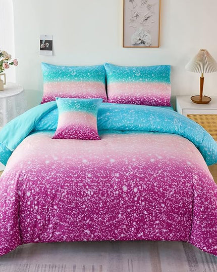 PERFEMET 6 Piece Full Size Comforter Sets for Teens Girls, Tie Dye Rainbow Ombre Bed in A Bag, Gradient Glitter Sparkle Bedroom Decor Bedding Set (Blue Teal Purple, Full) - LeafyLoom