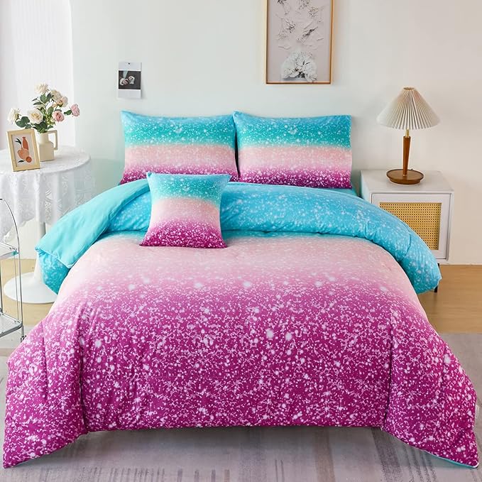 PERFEMET 6 Piece Full Size Comforter Sets for Teens Girls, Tie Dye Rainbow Ombre Bed in A Bag, Gradient Glitter Sparkle Bedroom Decor Bedding Set (Blue Teal Purple, Full) - LeafyLoom