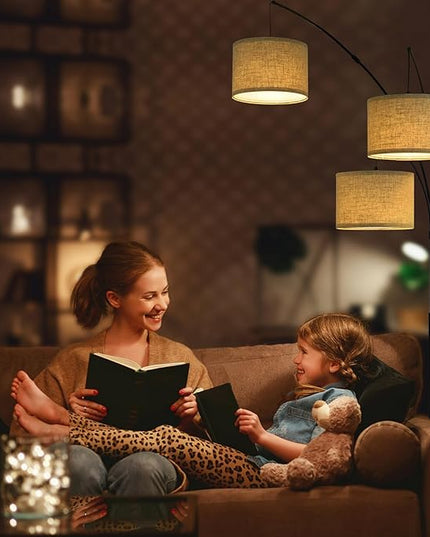 Dimmable Arc Floor Lamps for Living Room-Modern 3 Lights Floor Lamp, Mid Century Tall Standing Reading Lamp with Heavy Base 360° Adjustable Hanging Beige Shades for Bedroom Office Include Bulbs - LeafyLoom