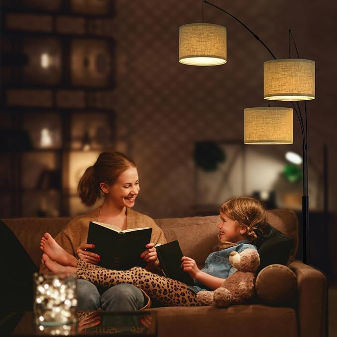 Dimmable Arc Floor Lamps for Living Room-Modern 3 Lights Floor Lamp, Mid Century Tall Standing Reading Lamp with Heavy Base 360° Adjustable Hanging Beige Shades for Bedroom Office Include Bulbs - LeafyLoom