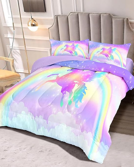 Kids Comforter Bedding Set 3 Pieces Super Soft Breathable Print Kids Bedding Sets for Girls, Machine Washable Durable Comforter Set with Comforter, 2 Pillowcases Rainbow(Twin, Purple Unicorn) - LeafyLoom