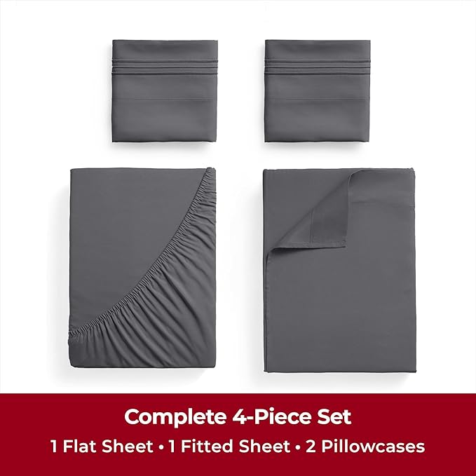 Mellanni Twin XL Sheets Set - 4 Piece Iconic Collection Bedding Sheets & Pillowcases - Soft, Cooling Bed Sheets - Deep Pocket up to 16 inch - 4 PC (Twin Extra Long, Gray w/Extra Pillow Case) - LeafyLoom