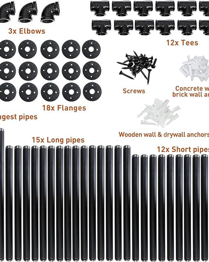 HITOMEN Industrial Iron Pipe Shelves, 3 Set 5-Tier, 70" Tall, 12" Depth, DIY Open Bookshelf Bookcase, Wall Mounted Vintage Retro Shelving, Rustic Farmhouse Pantry Kitchen Storage, Black Shelf Brackets - LeafyLoom