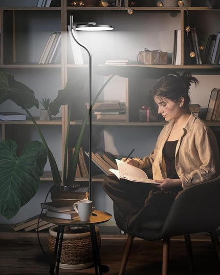 FIMEI LED Modern Floor Lamp, Super Bright Dimmable Tall Standing Lamp with 10'' Lamp Panel, 4 Color Temperature Rotatable Reading Floor Lamps, Remote&Touch Control, for Living Room Bedroom Office - LeafyLoom