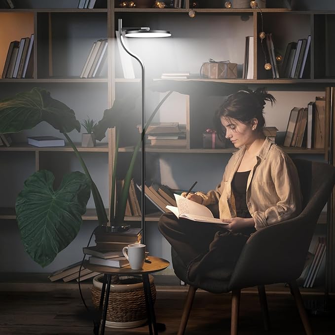 FIMEI LED Modern Floor Lamp, Super Bright Dimmable Tall Standing Lamp with 10'' Lamp Panel, 4 Color Temperature Rotatable Reading Floor Lamps, Remote&Touch Control, for Living Room Bedroom Office - LeafyLoom