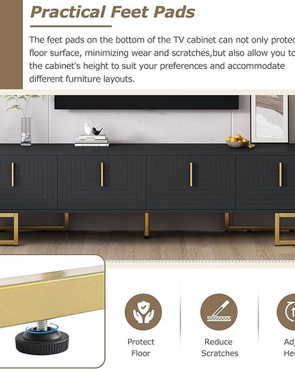 Merax Modern Stand with Metal Legs, Gold Handles, Geometric Lines and Adjustable Shelves for TVs Up to 80'' Media Console Table, Luxury Storage Cabinets for Living Room, 70.8" length, Black - LeafyLoom