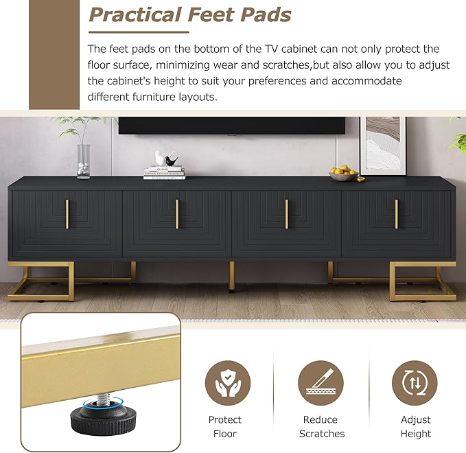 Merax Modern Stand with Metal Legs, Gold Handles, Geometric Lines and Adjustable Shelves for TVs Up to 80'' Media Console Table, Luxury Storage Cabinets for Living Room, 70.8" length, Black - LeafyLoom
