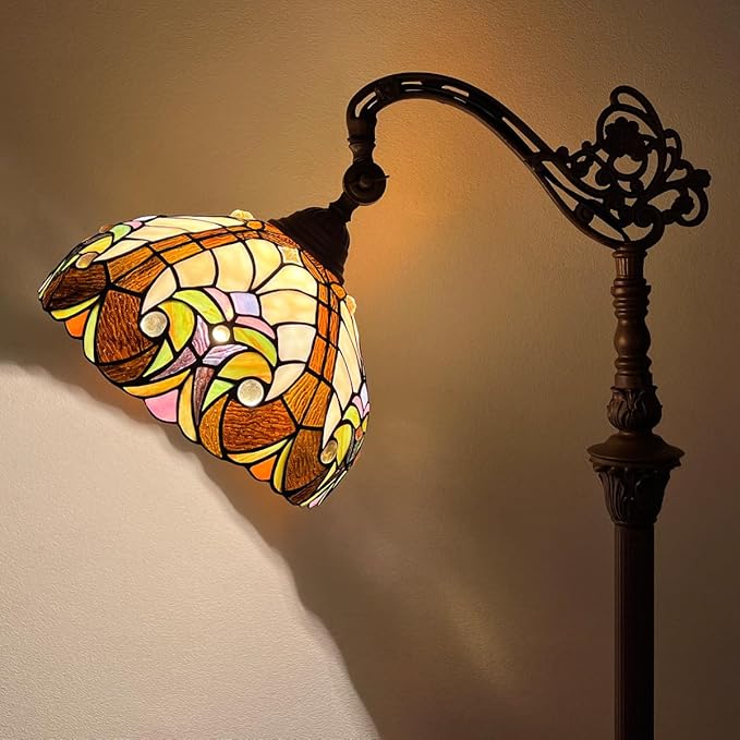 Tiffany Reading Floor Lamp,Stained Glass Gooseneck Floor Light for Reading,Antique Style Arched Tall Standing Lamp for Living Room Bedroom and Office - LeafyLoom