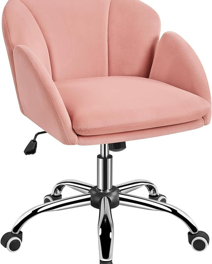 Yaheetech Cute Velvet Desk Chair for Home Office, Makeup Vanity Chair with Armrests for Bedroom Modern Swivel Rolling Chair for Women Pink - LeafyLoom