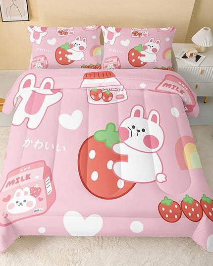 Strawberry Rabbit Comforter Set for Kids Teens Girls Women,Pink Bunny Kids Comforter,1 Comforter with 2 Pillowcase, Microfiber 3 Piece Bedding Set,for All Seasons(Pink，Full Size) - LeafyLoom