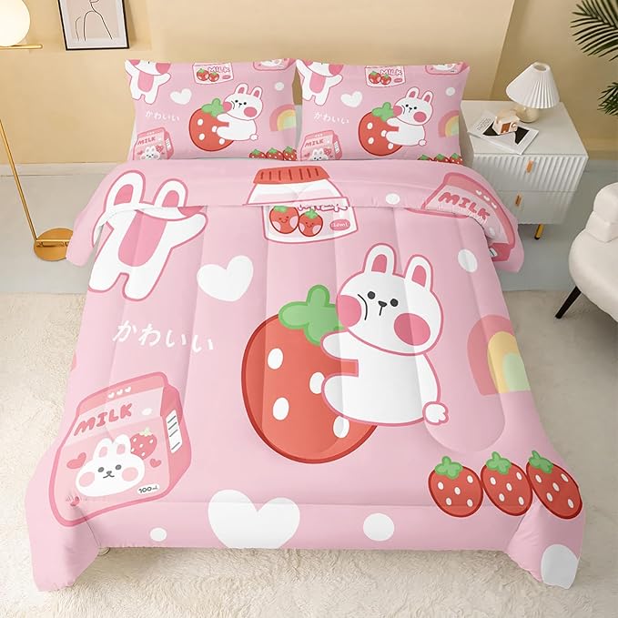 Strawberry Rabbit Comforter Set for Kids Teens Girls Women,Pink Bunny Kids Comforter,1 Comforter with 2 Pillowcase, Microfiber 3 Piece Bedding Set,for All Seasons(Pink，Full Size) - LeafyLoom