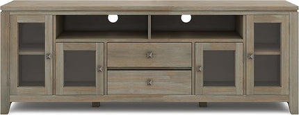 SIMPLIHOME Cosmopolitan SOLID WOOD Universal TV Media Stand, 72 inch Wide, Contemporary, Living Room Entertainment Center with Storage, for Flat Screen TVs up to 80 inches in Distressed Grey - LeafyLoom